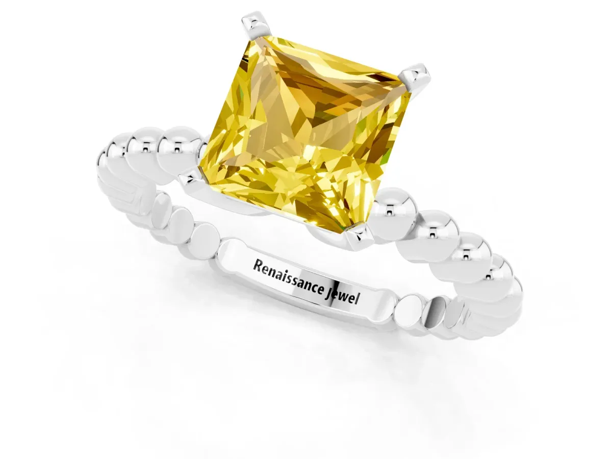 Princess Cut Yellow Sapphire Solitaire Ring with Beaded Band and Prong Setting Silver