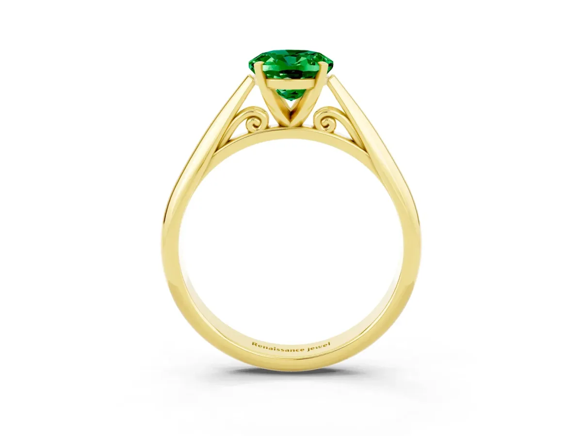 Oval Cut Emerald Solitaire Engagement Ring with Cathedral Setting and Four-Prong Mount Yellow gold
