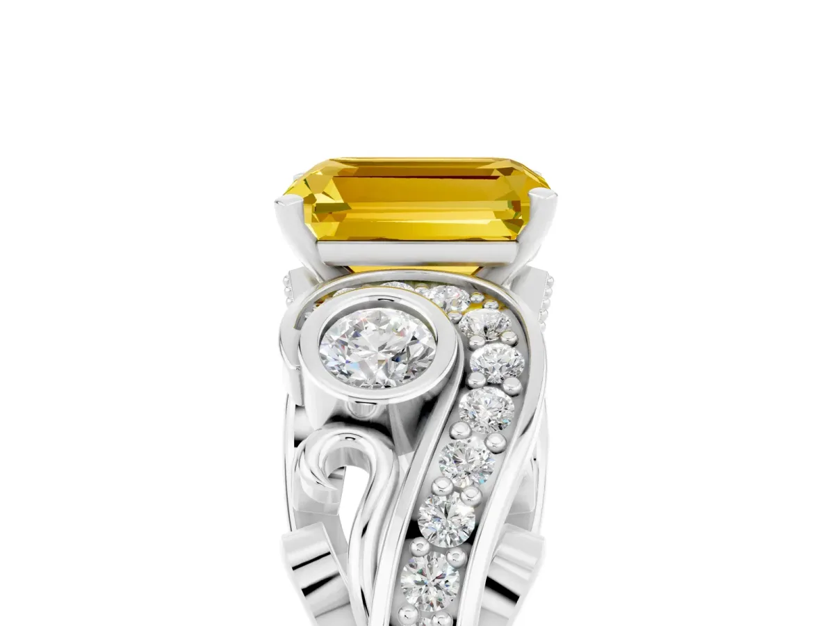 Emerald Cut Yellow Sapphire Solitaire Ring with Milgrain Pavé Band and Four-Prong Setting Silver