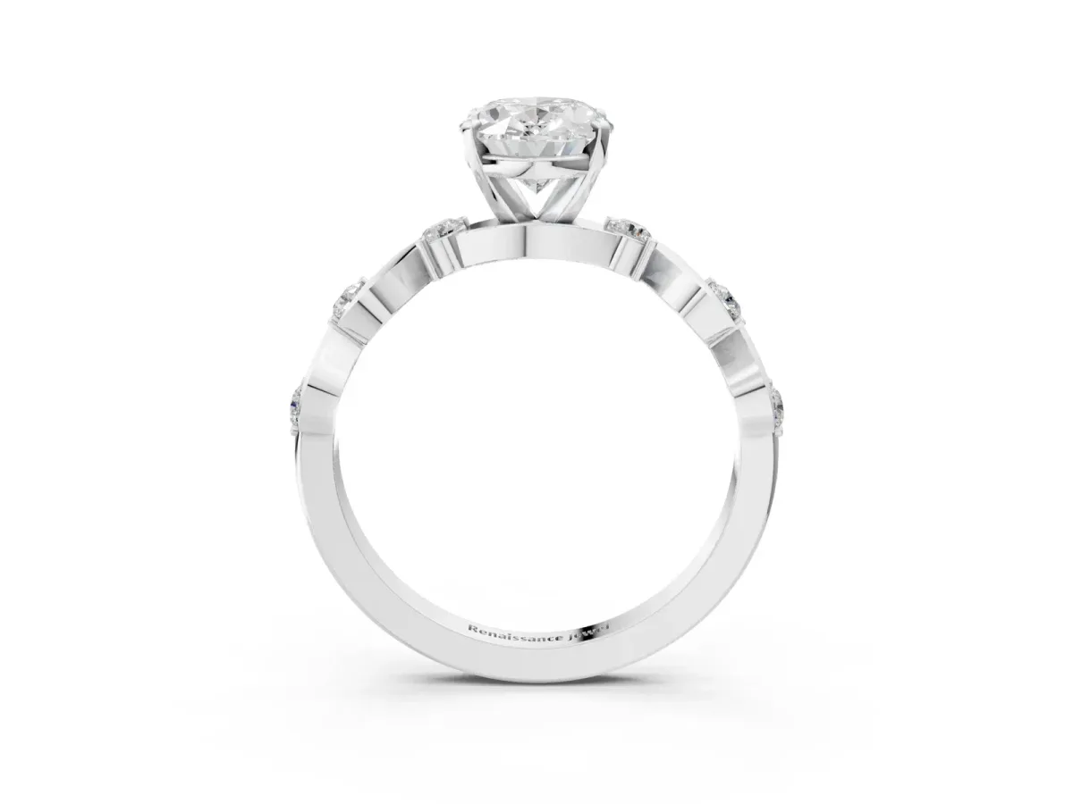 Oval Cut Diamond Solitaire Twisted Band with Round Accents and Prong Setting Silver