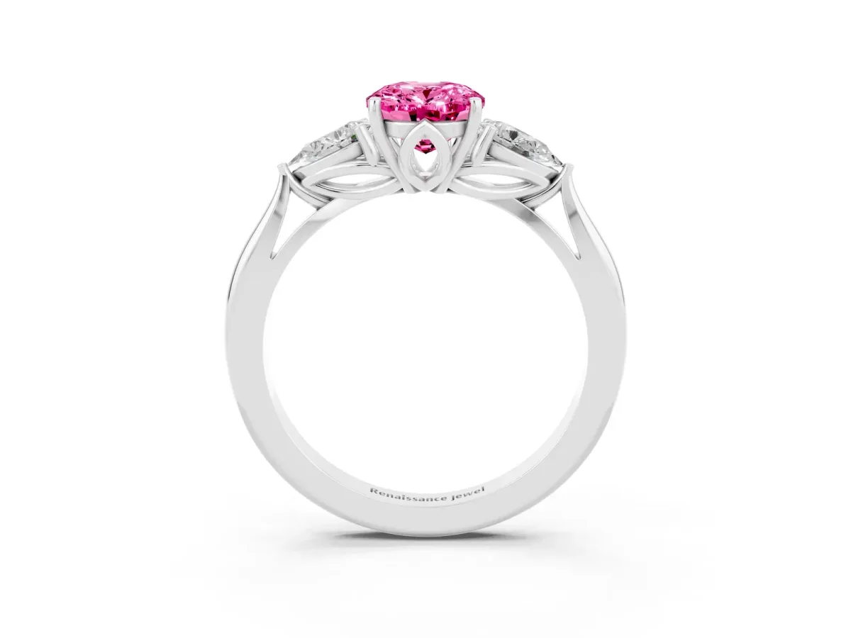 Three-Stone Oval Cut Pink Sapphire Ring with Pear Side Stones in Four-Prong Setting White gold