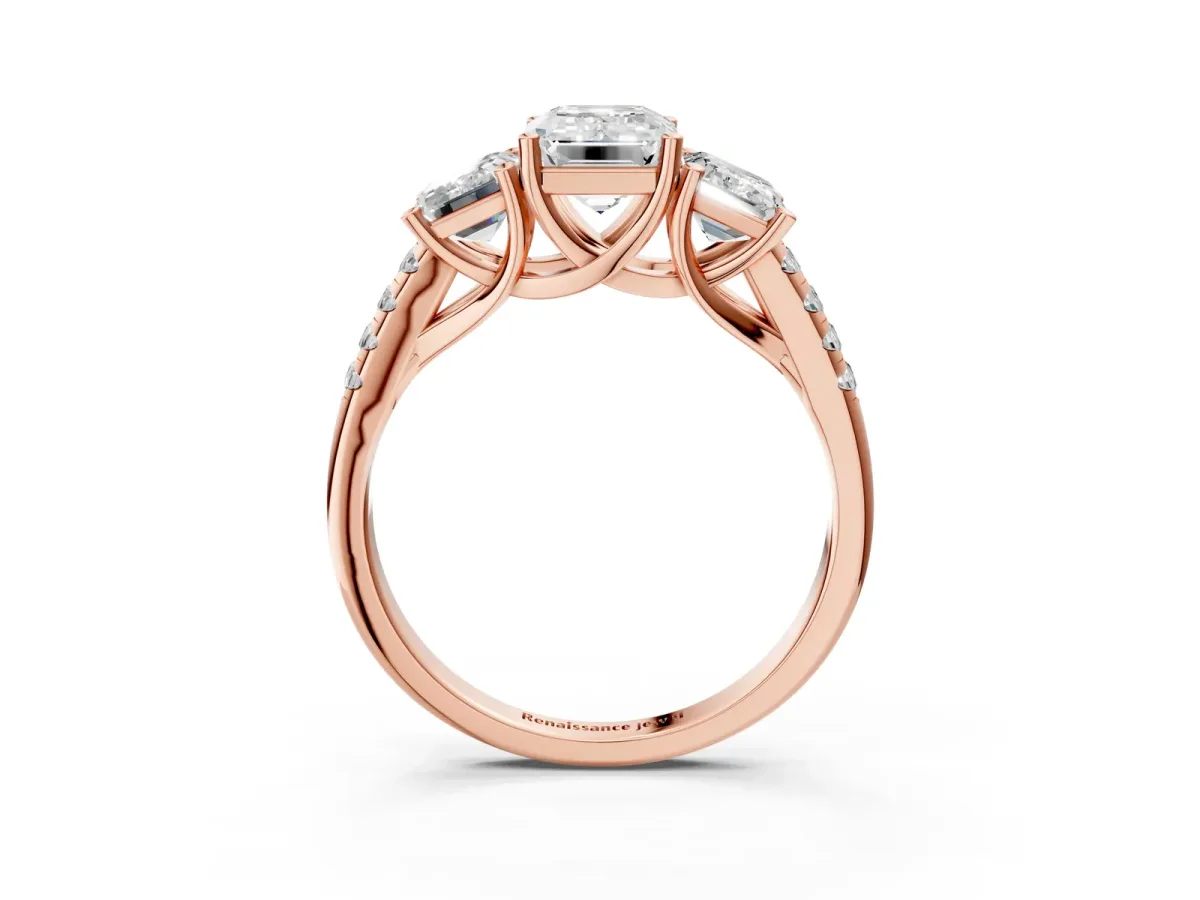Three-Stone Emerald Cut Diamond Ring with Round Pavé Band and Prong Setting Rose gold