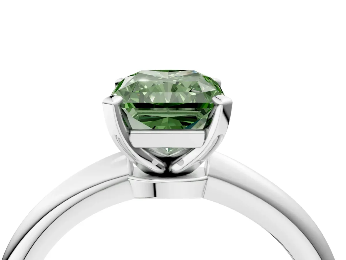 Fancy Green Radiant Cut Diamond Solitaire Ring with Six-Prong Setting and Classic Band Silver