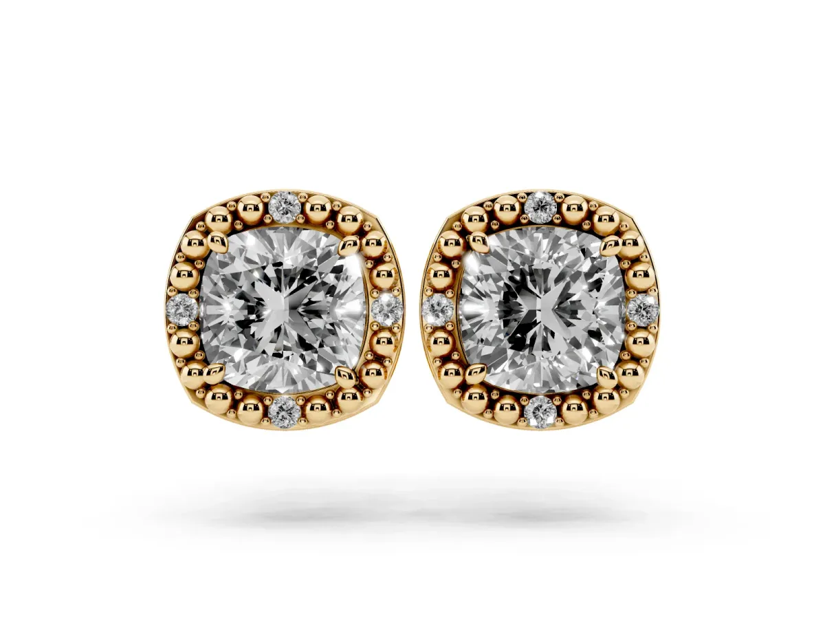 Cushion Diamond Beaded Halo Stud Earrings Yellow gold