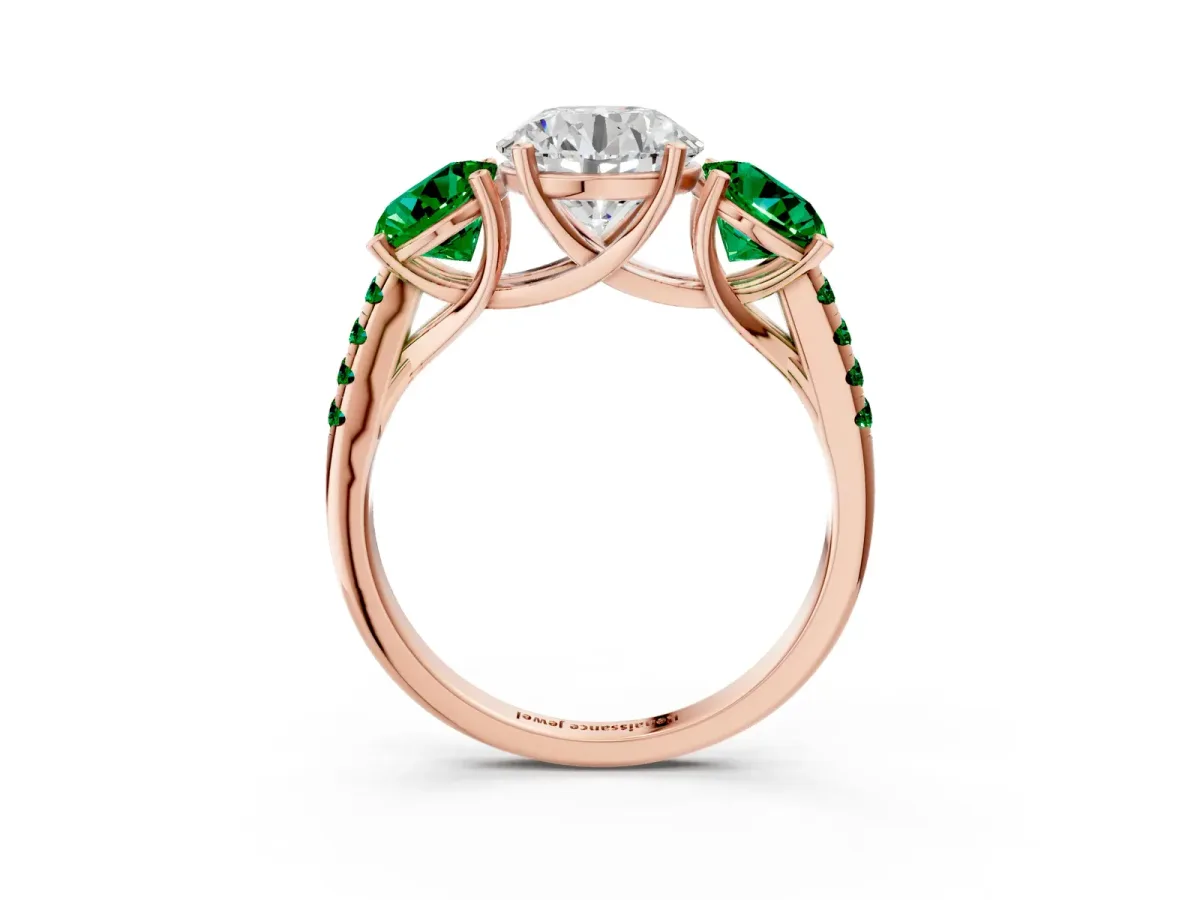 Three-Stone Round Cut Diamond Ring with Round Emerald Pavé Band and Prong Setting Rose gold