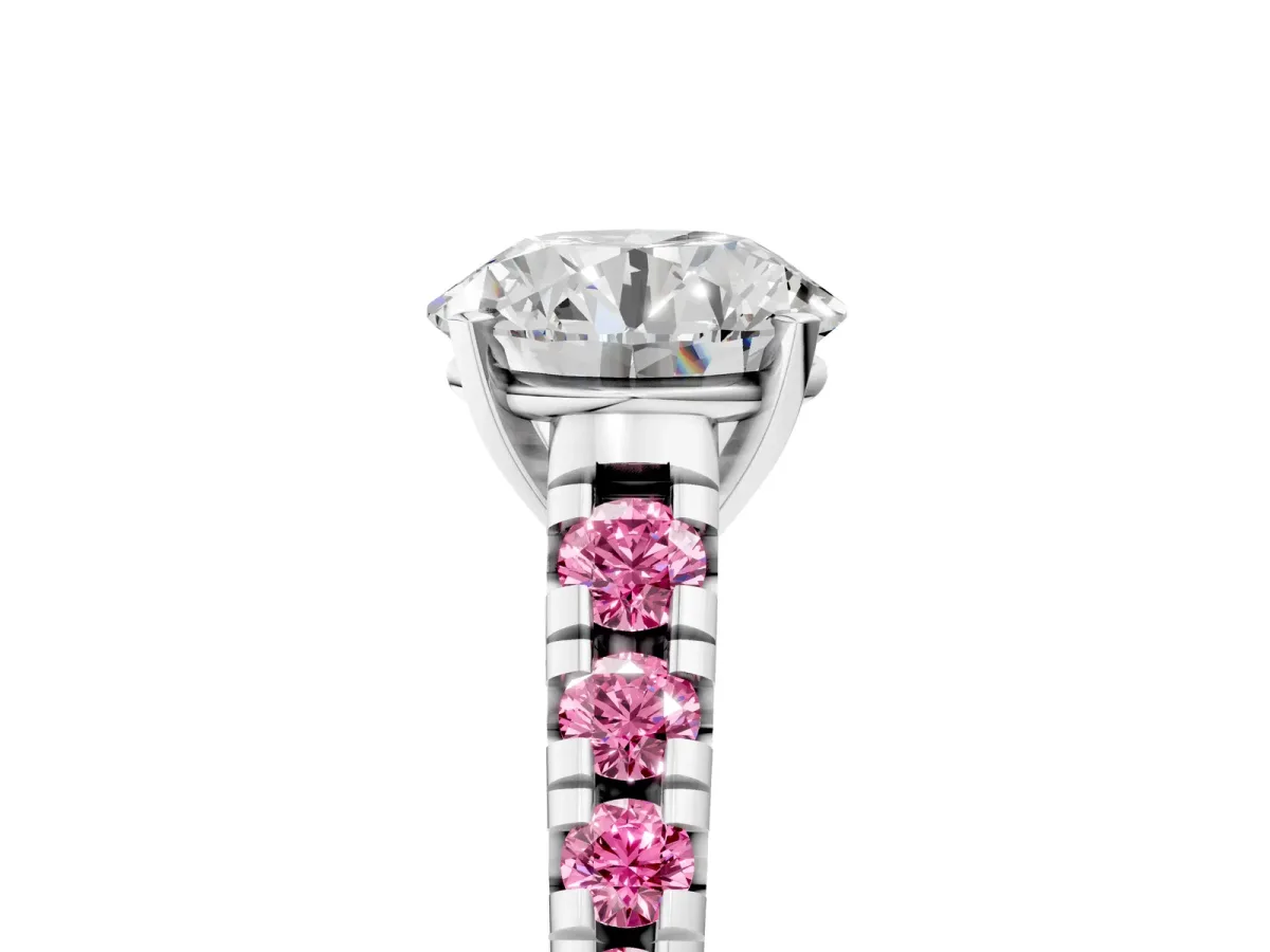 Round Cut Diamond Cathedral Solitaire Ring with Round Pink Sapphire Pavé Band Silver