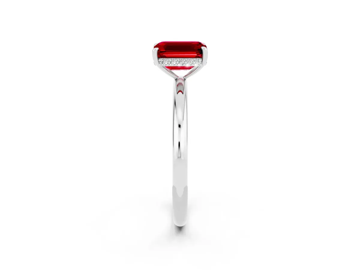 Emerald Cut Ruby Solitaire Ring with Thin Band and Four-Prong Setting White gold
