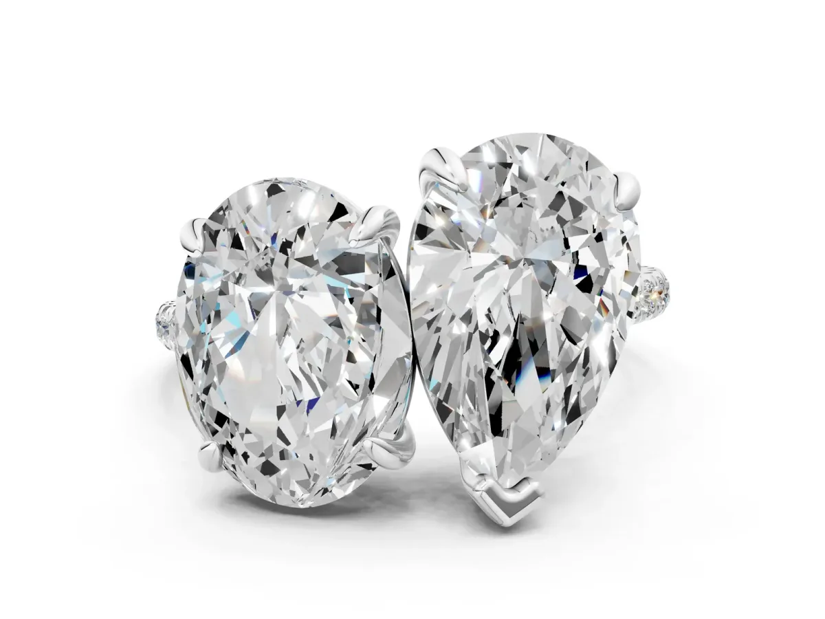 Oval and Pear Toi Moi Ring with Prong Setting and Pave Band Silver