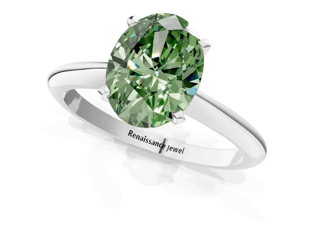 Fancy Green Oval Cut Diamond Solitaire Engagement Ring with Classic Band and Four-Prong Setting Silver