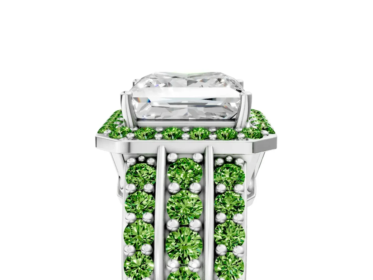 Princess Cut Halo Diamond Ring with Round Peridot Split Shank and Prong Setting Platinum