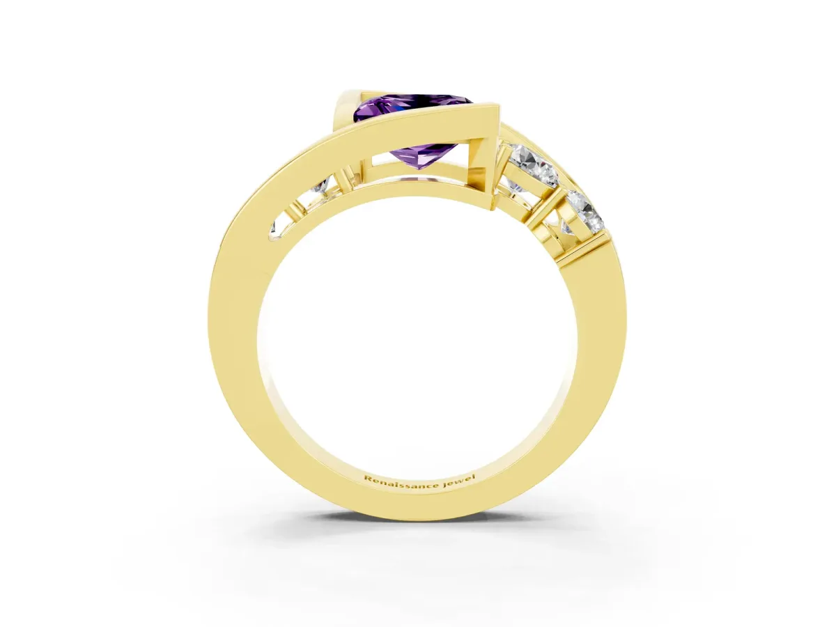 Bezel Set Princess Cut Amethyst Bypass Ring with Round Accents Yellow gold