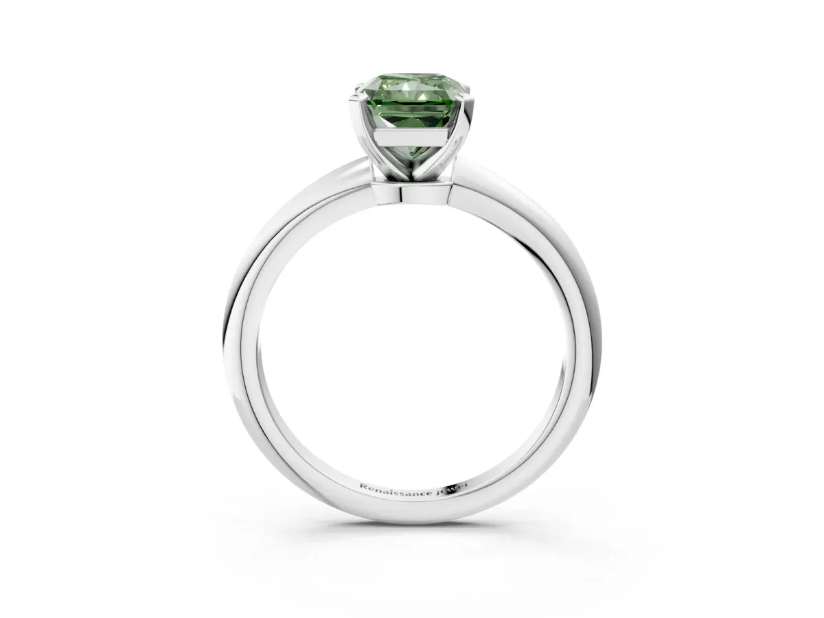 Fancy Green Radiant Cut Diamond Solitaire Ring with Six-Prong Setting and Classic Band Silver