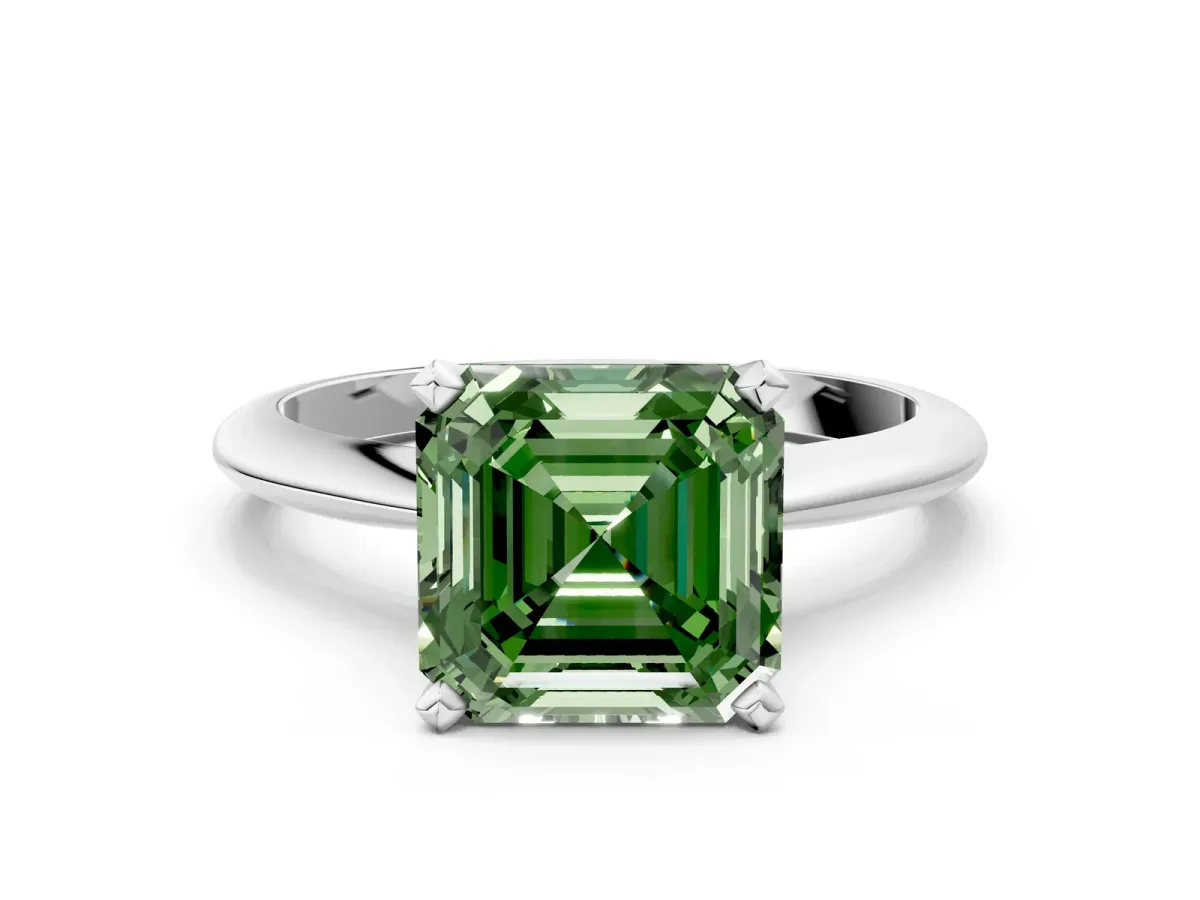 Fancy Green Asscher Cut Diamond Solitaire Engagement Ring with Classic Band and Four-Prong Setting Silver