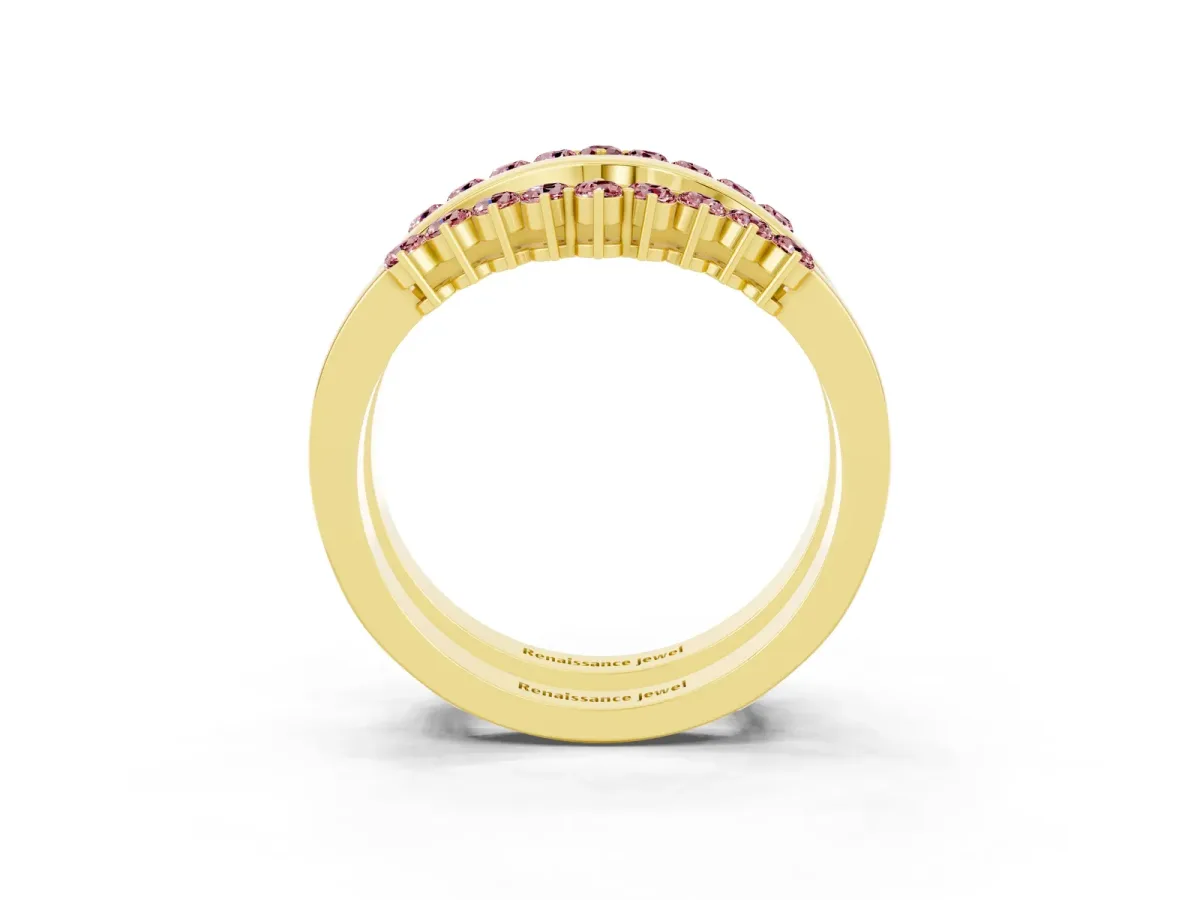 Round Morganite Chevron Contour Band with Prong Setting Yellow gold