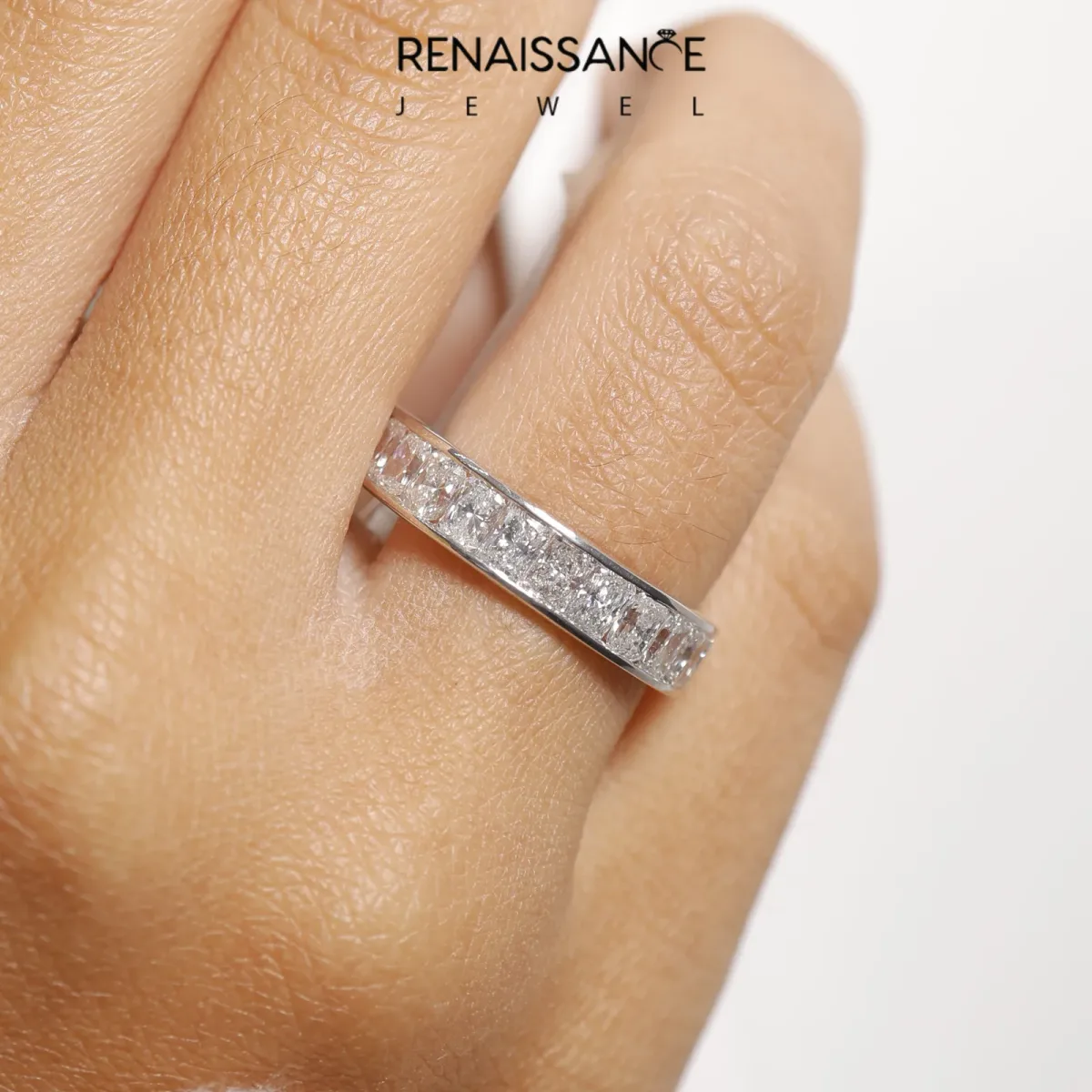 radiant Cut eternity band with channel set Platinum