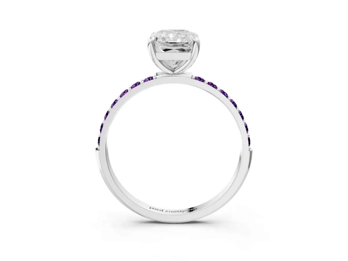 Radiant Cut Diamond Solitaire Ring with Round Amethyst Pavé Band and Prong Setting Silver