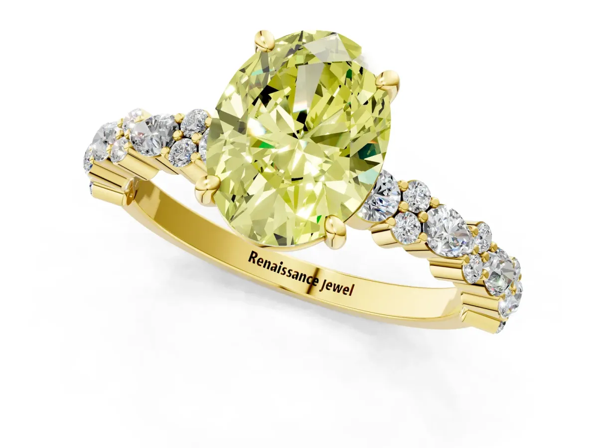 Fancy Yellow Oval Cut Diamond Side Stone Solitaire Ring with Round and Four-Prong Setting Yellow gold