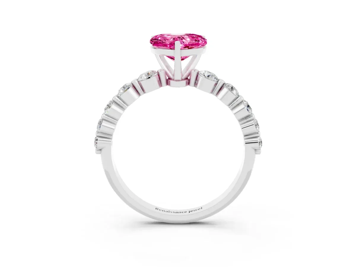 Heart Cut Solitaire Pink Sapphire Ring with Pave Band and Four-Prong Setting Silver