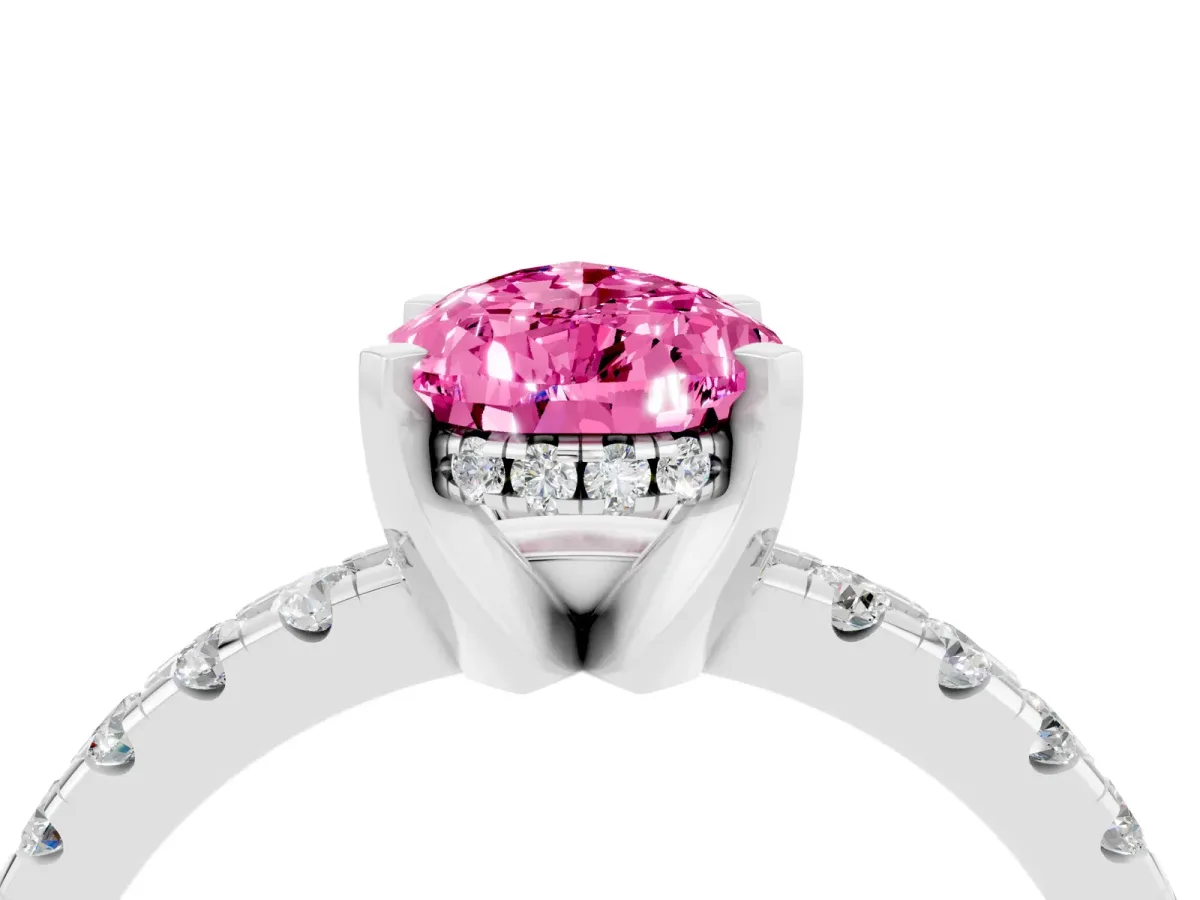 Pear Cut Pink Sapphire Solitaire Ring with Round Pavé Band and Four-Prong Setting Silver