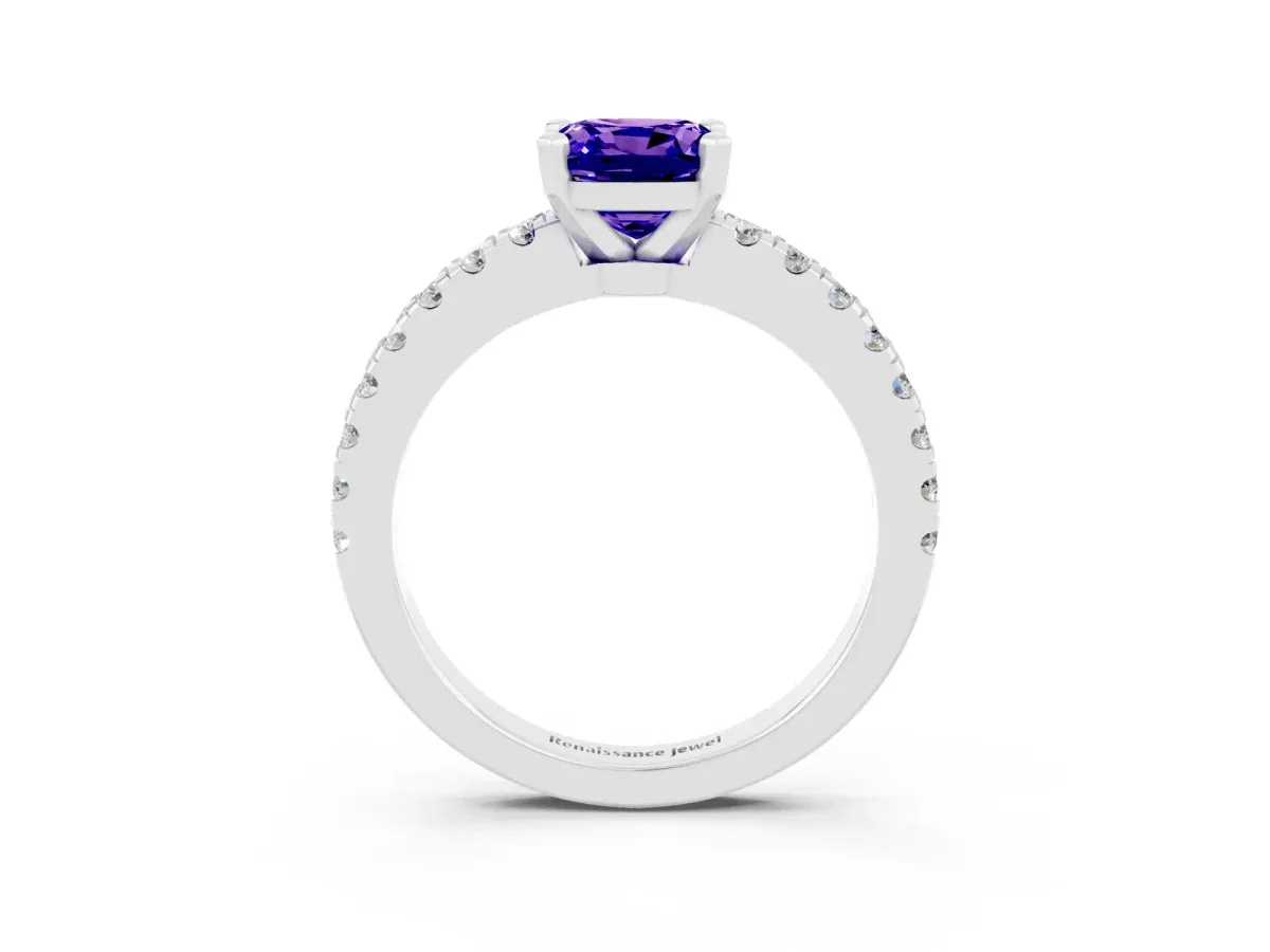 Cushion Cut Solitaire Tanzanite with Pavé Band and Four-Prong Setting Silver