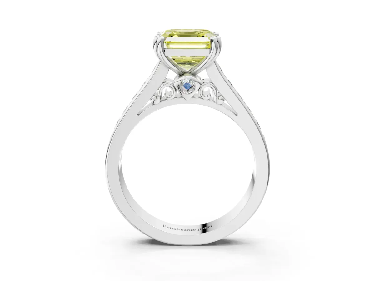 Fancy Yellow Asscher Cut Cut Channel Set Solitaire Engagement Ring with Prong Setting Platinum