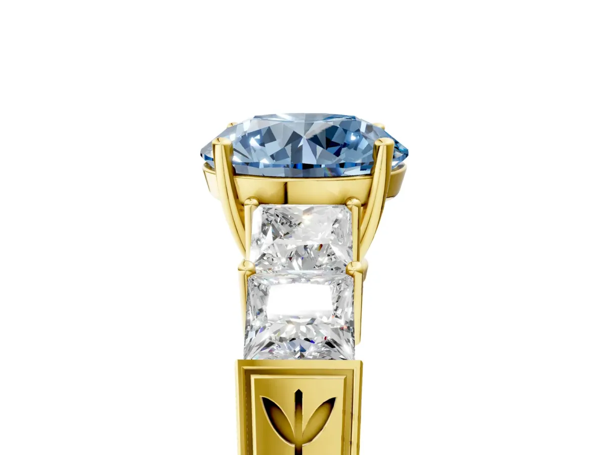 Fancy Blue Round Cut Solitaire Princess Side Stone Engraved Band Prong Setting Ring Yellow gold