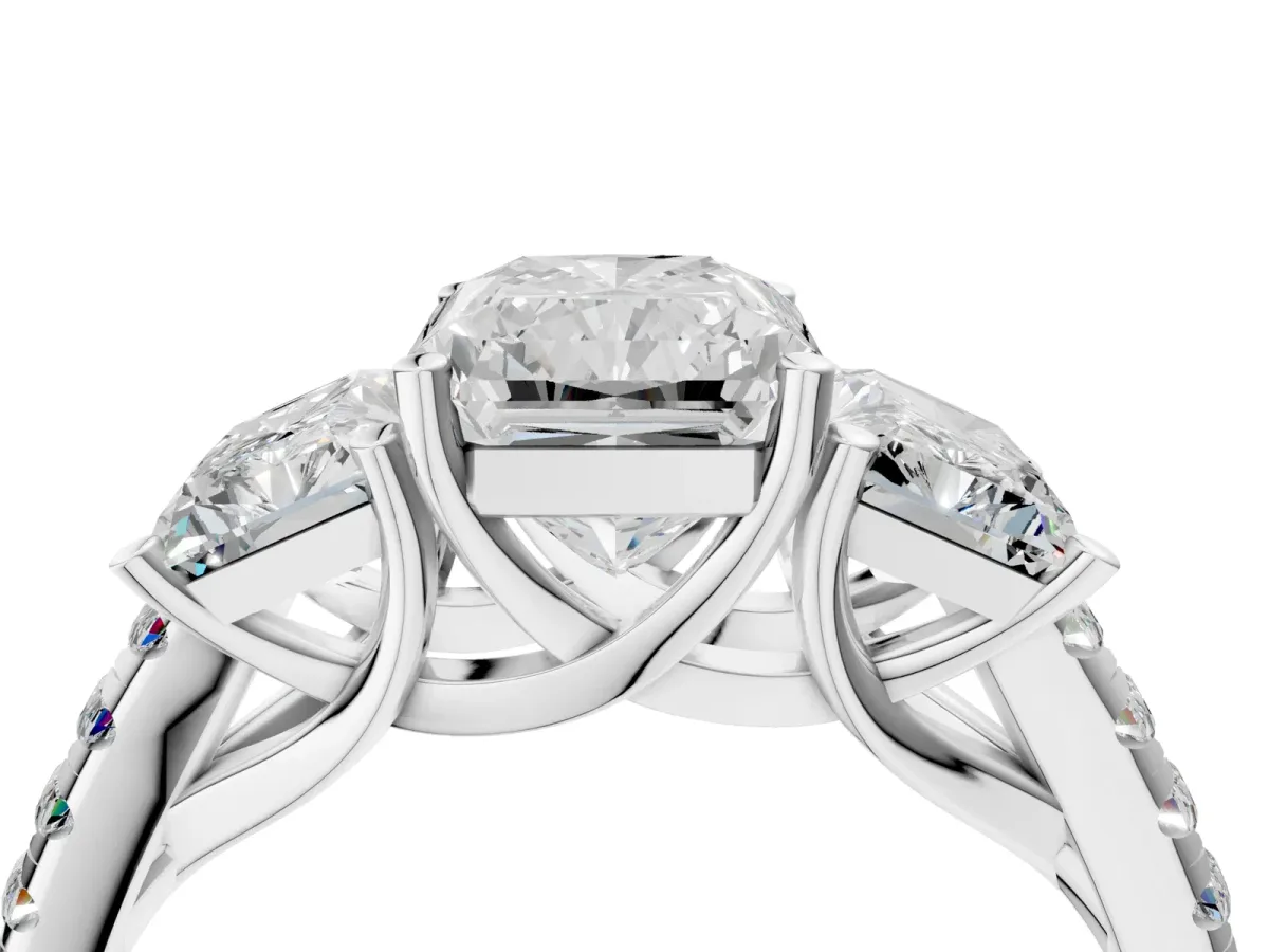 Three-Stone Radiant Cut Diamond Ring with Round Moissanite Pavé Band and Prong Setting Silver