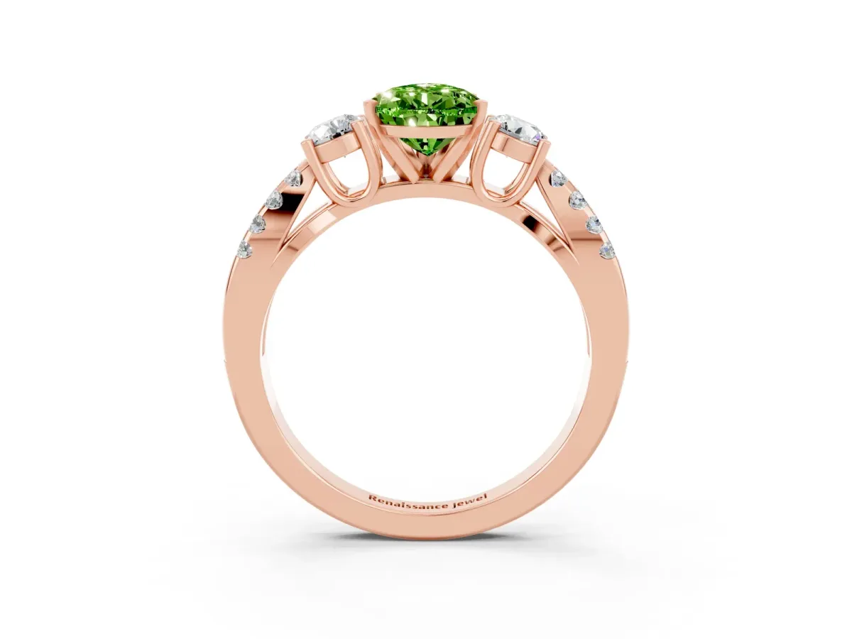 Pear Cut Peridot Three-Stone Ring with Pavé Split Shank and Four-Prong Setting Rose gold