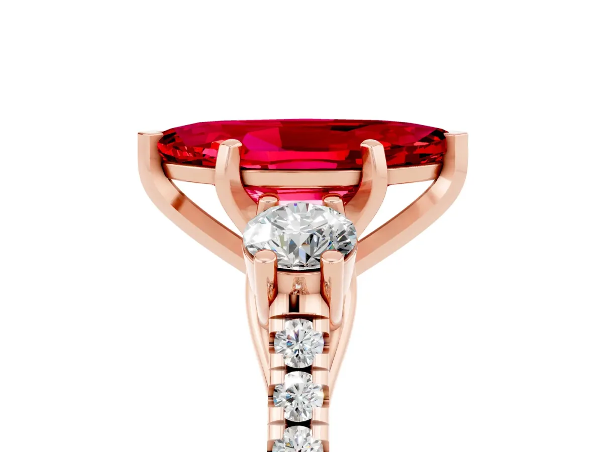 Three-Stone Marquise Cut Ruby Pavé Band with Four-Prong Setting Rose gold