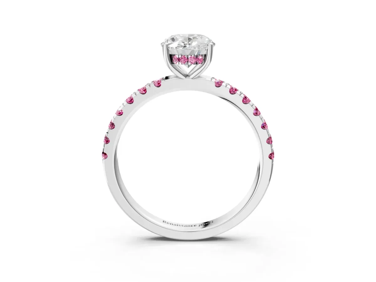 Oval Cut Diamond Pave Band Solitaire Ring with Round Pink Sapphire and Prong Setting Silver