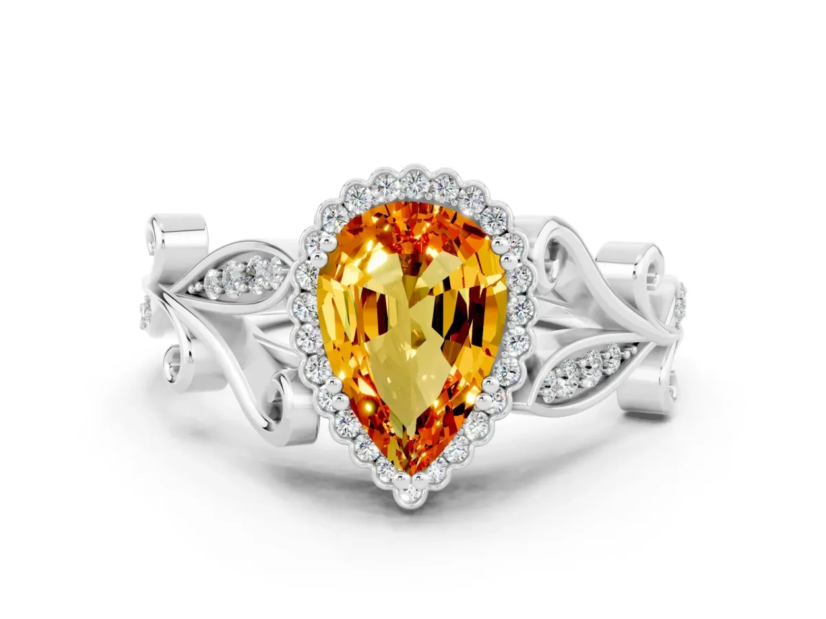Pear Cut Citrine Halo Ring with Vintage Split Shank and Four-Prong Setting Platinum