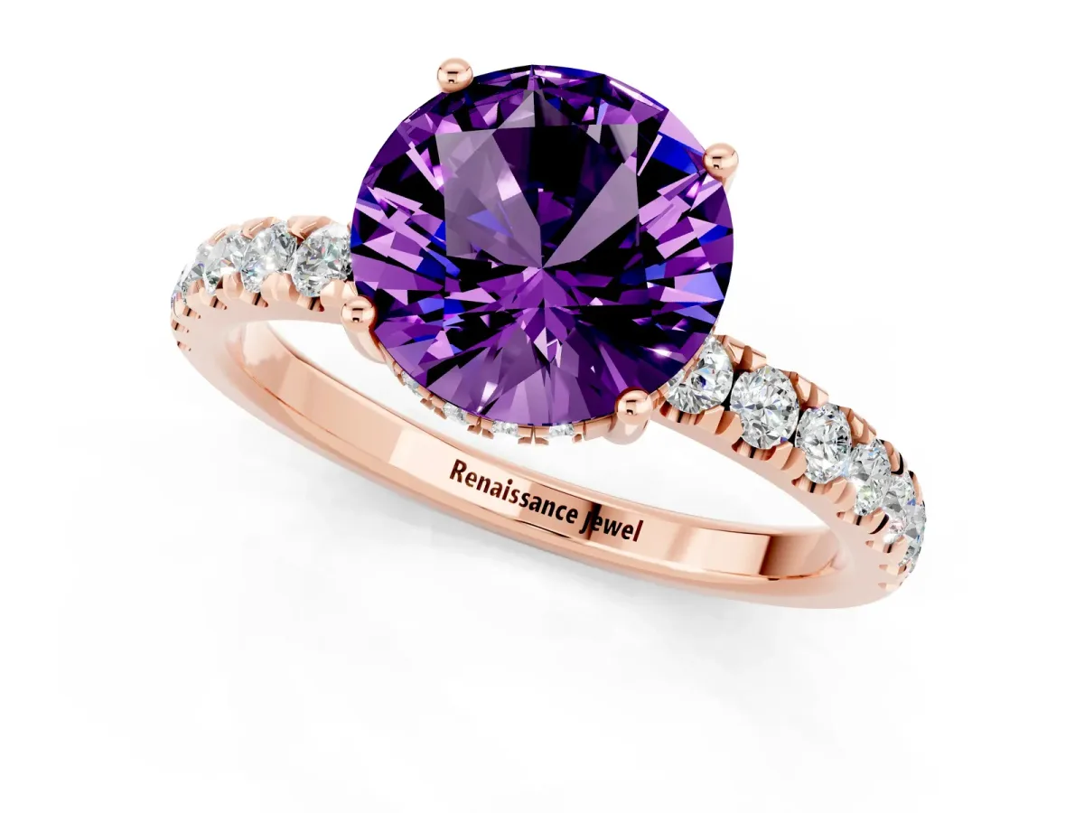 Round Cut Amethyst Pave Band Solitaire Ring with Round and Prong Setting Rose gold