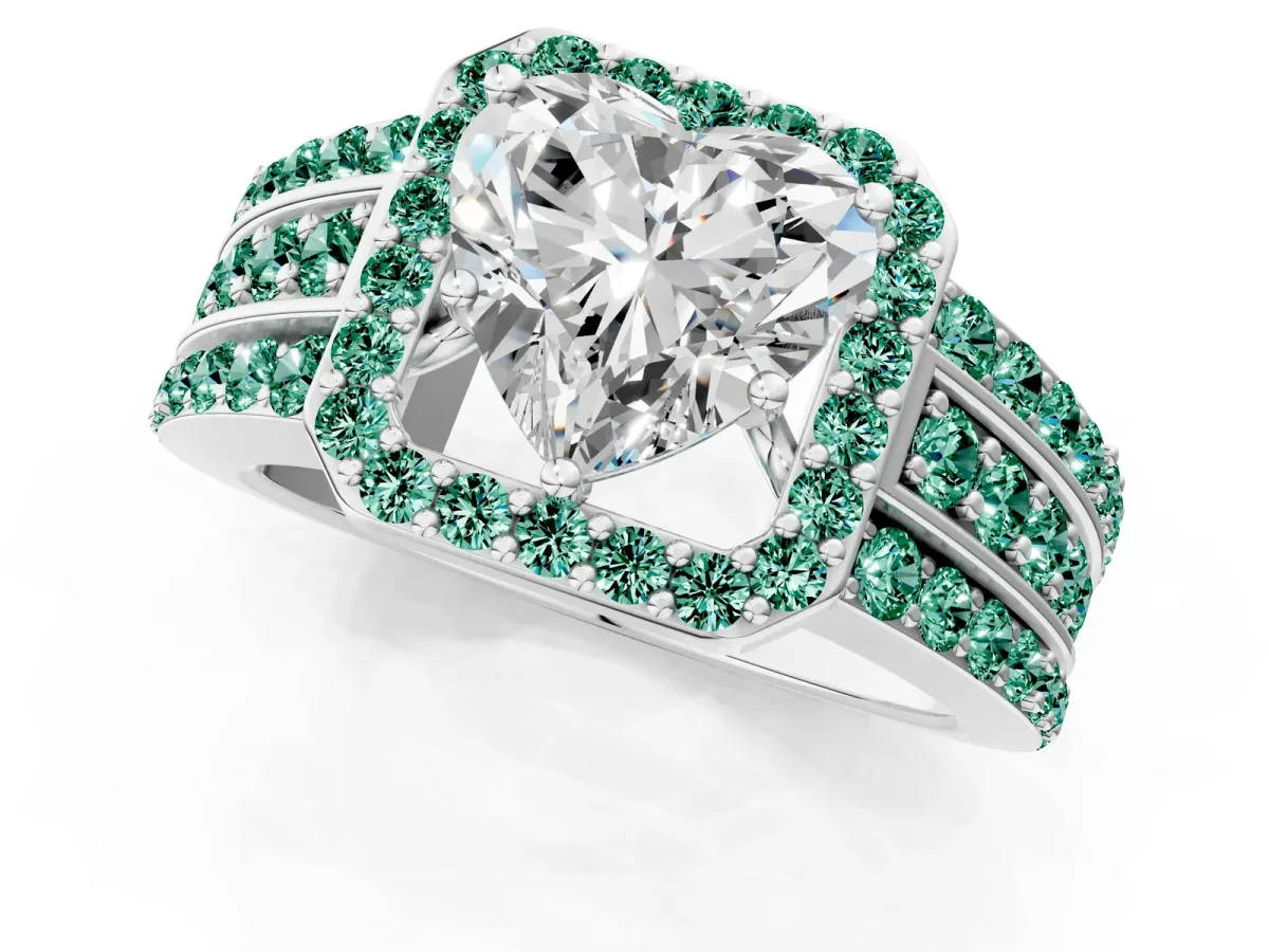 Heart Cut Halo Diamond Ring with Round Green Sapphire Split Shank and Prong Setting Silver