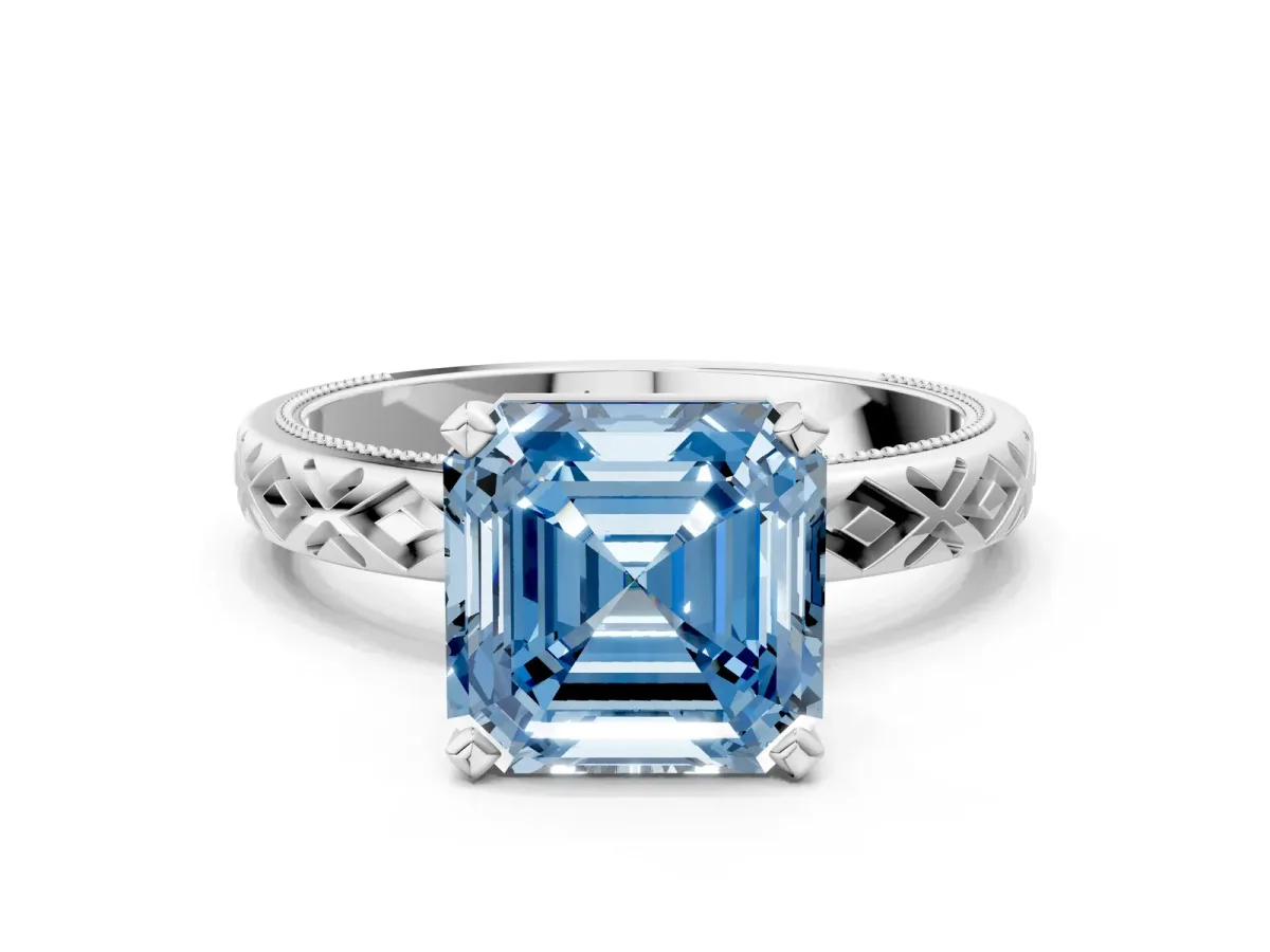Fancy Blue Asscher Cut Solitaire Diamond Ring with Milgrain and Black Enamel X Pattern Band Platinum