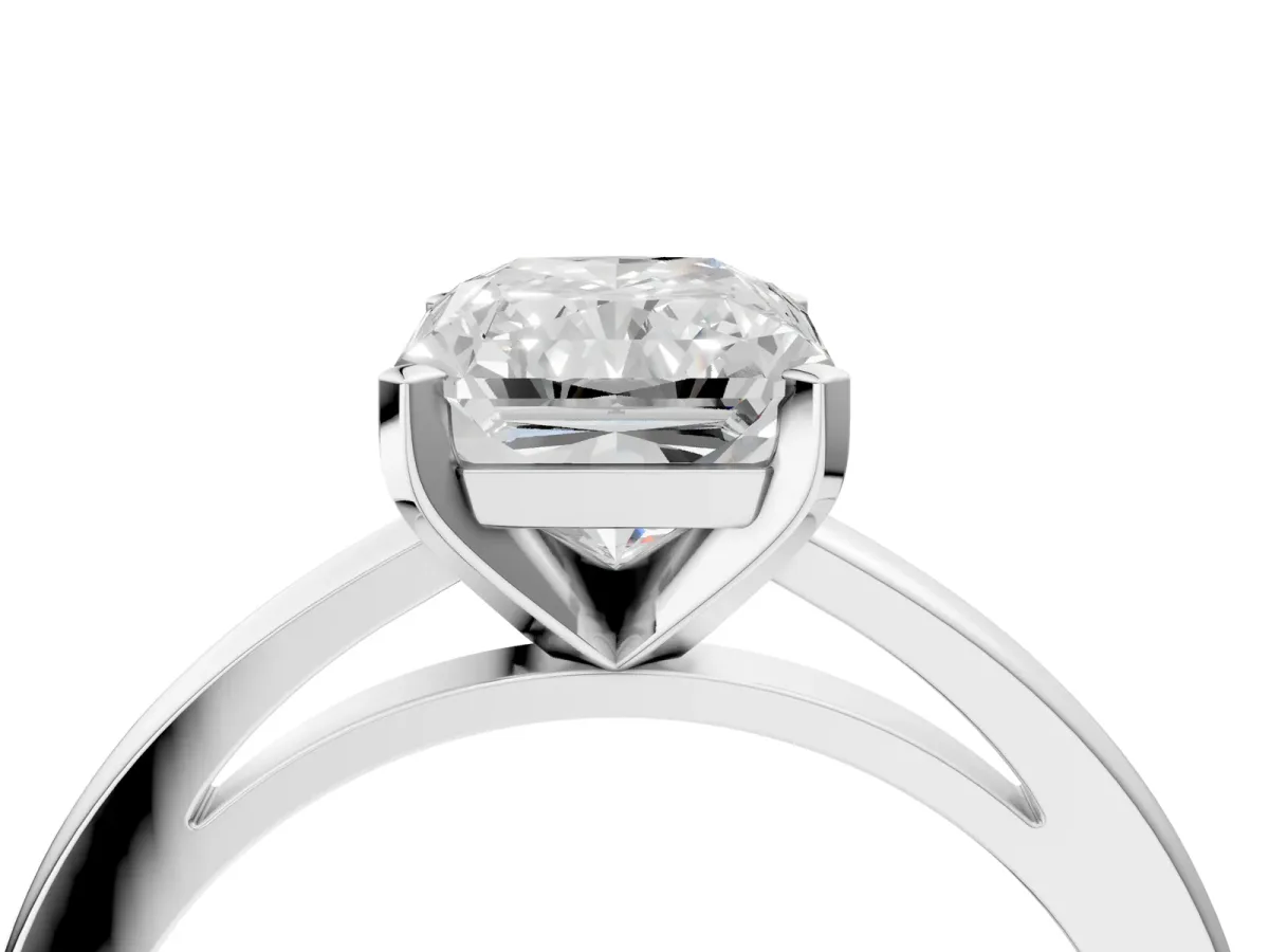 Radiant Cut Solitaire Diamond Engagement Ring with Four-Prong Setting on a Classic Band Platinum
