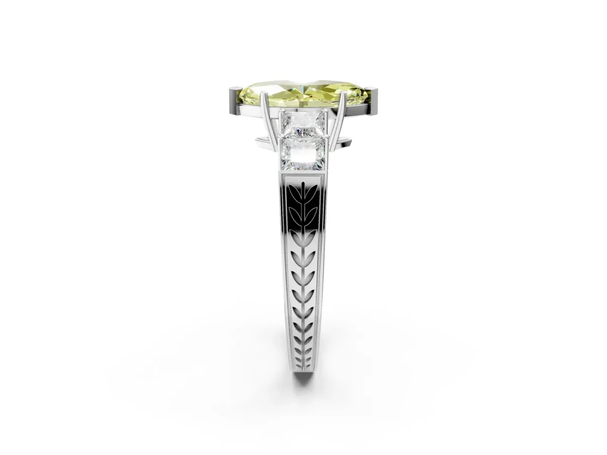 Fancy Yellow Marquise Cut Solitaire Princess Side Stone Engraved Band Prong Setting Ring Silver