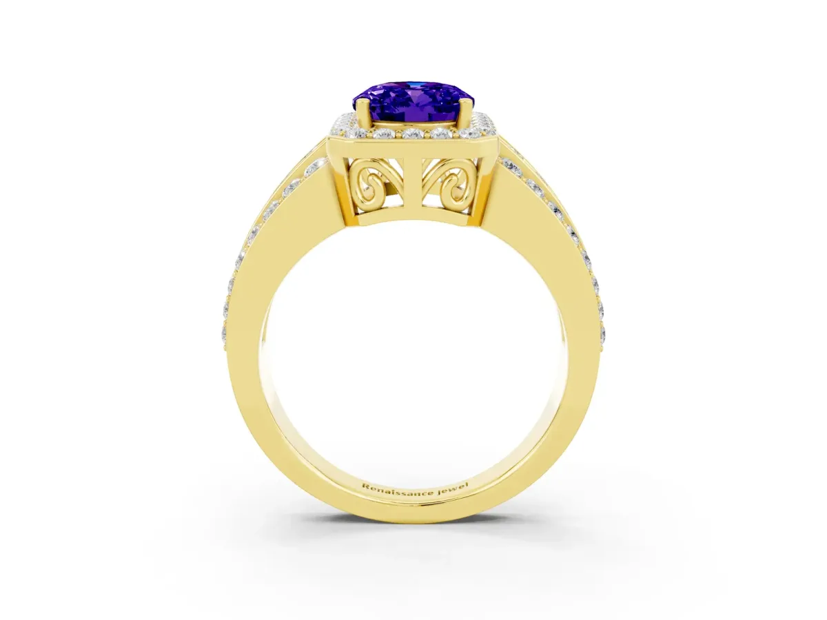 Oval Cut Halo Tanzanite Ring with Round Split Shank and Prong Setting Yellow gold