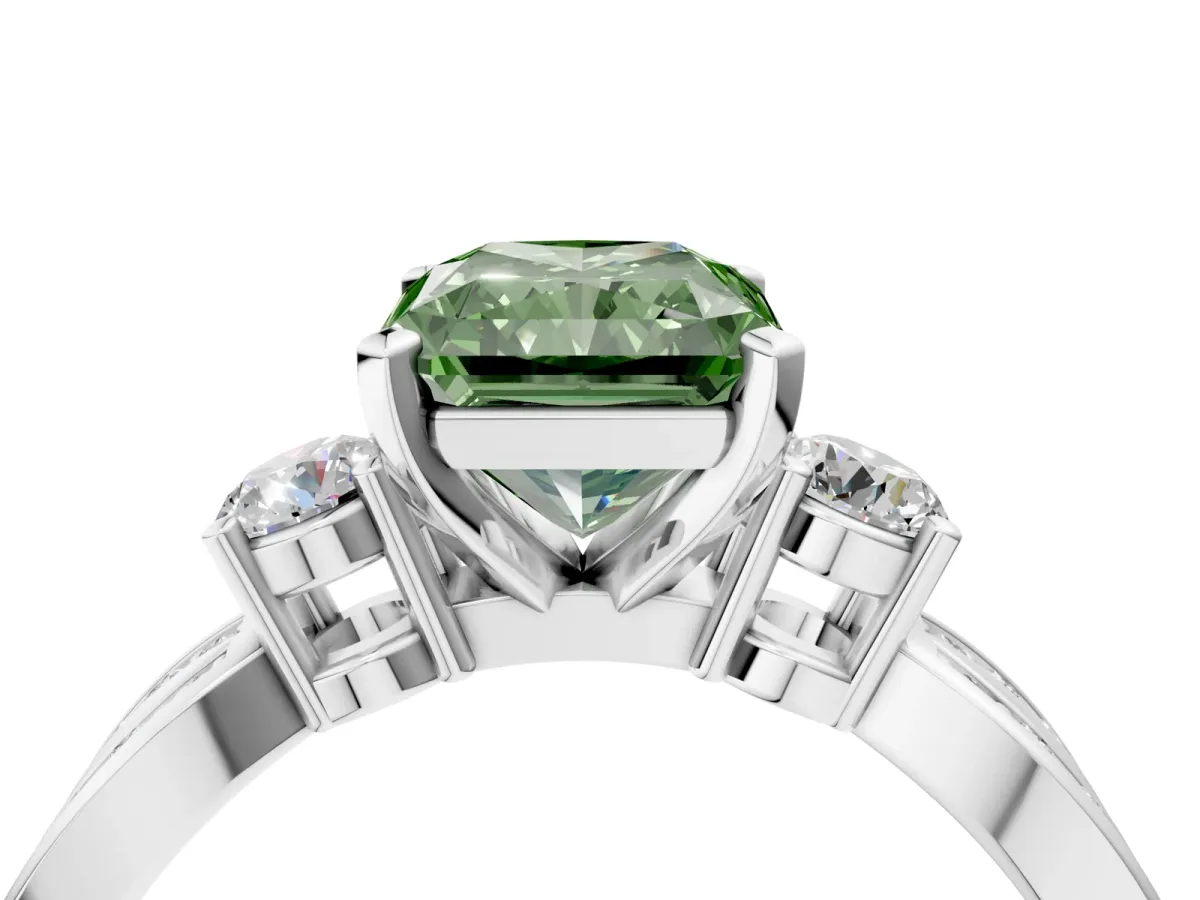 Fancy Green Three-Stone Radiant Cut Cut Diamond Twist Band with Prong Setting Platinum