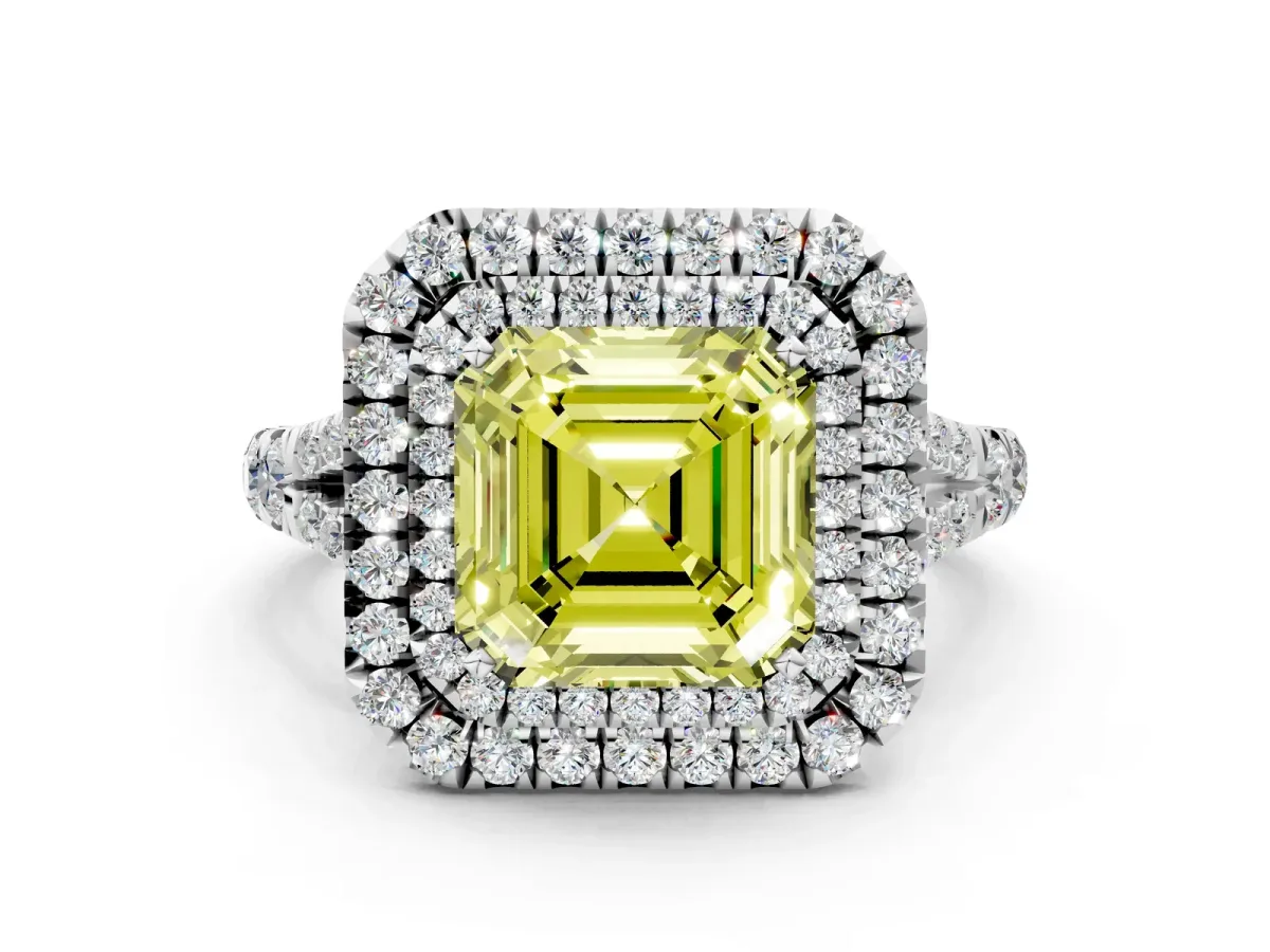 Fancy Yellow Asscher Cut Cut Double Halo Split Shank Diamond Ring with Prong Setting Platinum