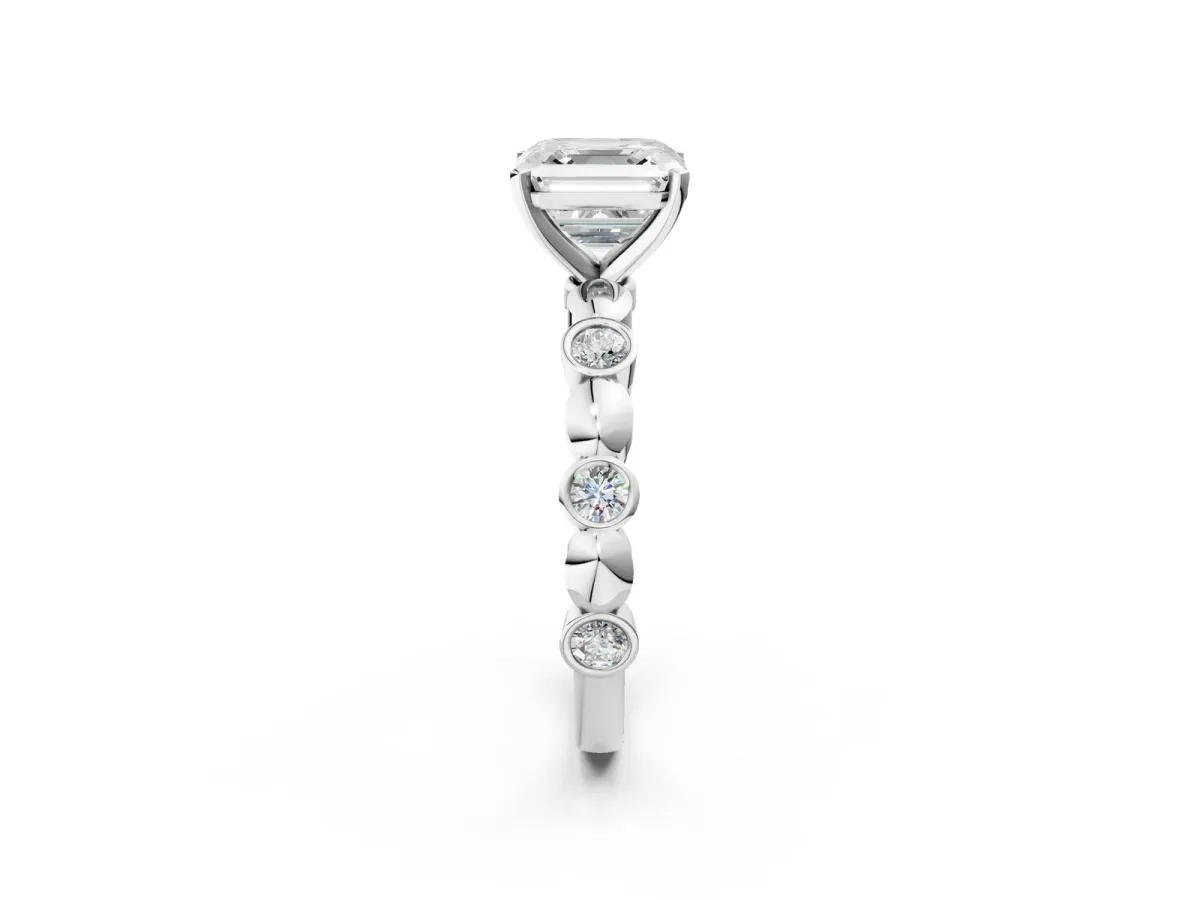 Asscher Cut Solitaire Bezel-Set Diamond Ring with Beaded Band and Four-Prong Setting Platinum