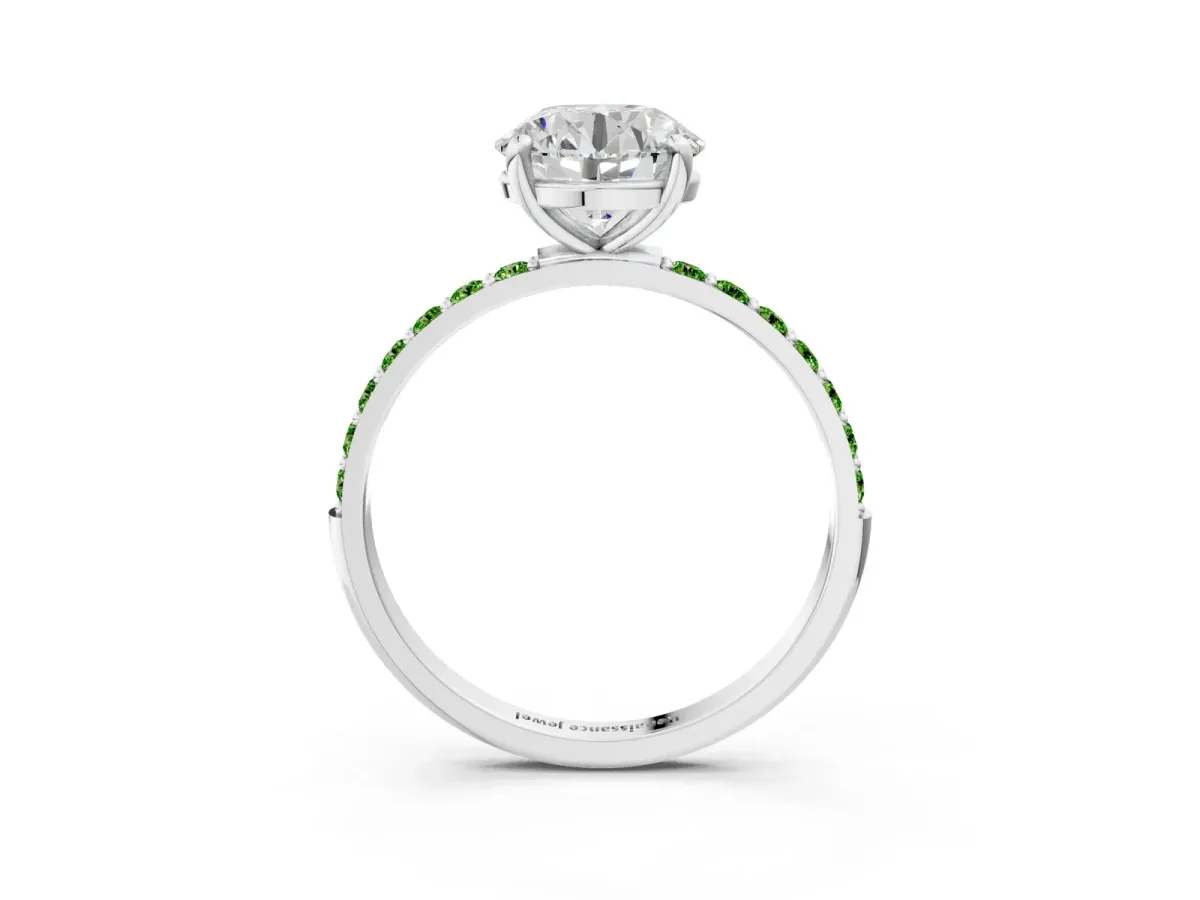 Round Cut Diamond Solitaire Ring with Round Peridot Pavé Band and Prong Setting Silver