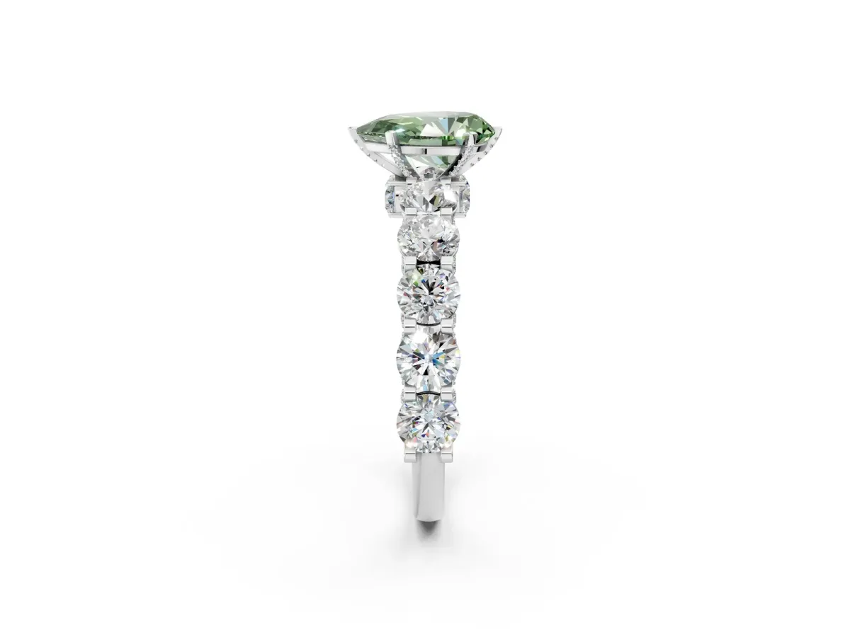 Fancy Green Pear Cut Diamond Side Stone Engagement Ring with Four-Prong Setting White gold