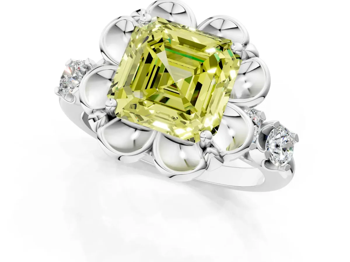 Fancy Yellow Asscher Cut Cut Diamond Floral Halo Engagement Ring with Shared Prong Setting Silver