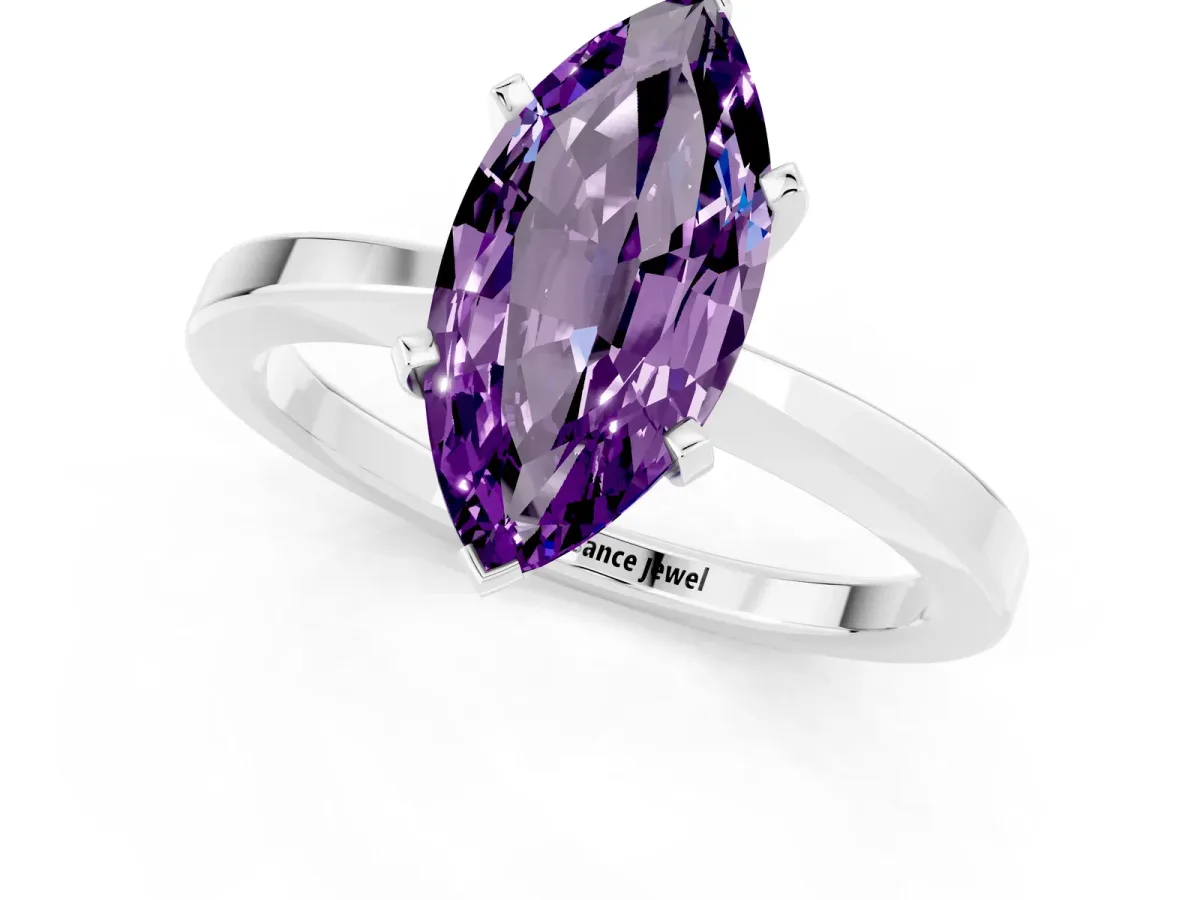 Marquise Cut Amethyst Solitaire Engagement Ring with Classic Band and Four-Prong Setting Silver