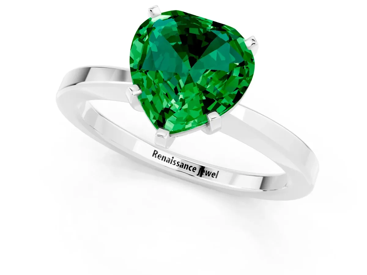 Heart Cut Emerald Solitaire Engagement Ring with Classic Band and Four-Prong Setting Silver