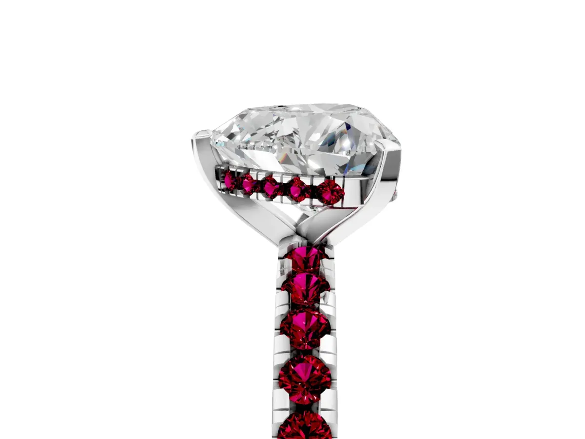 Heart Cut Diamond Solitaire Ring with Round Garnet Pavé Band and Four-Prong Setting Silver