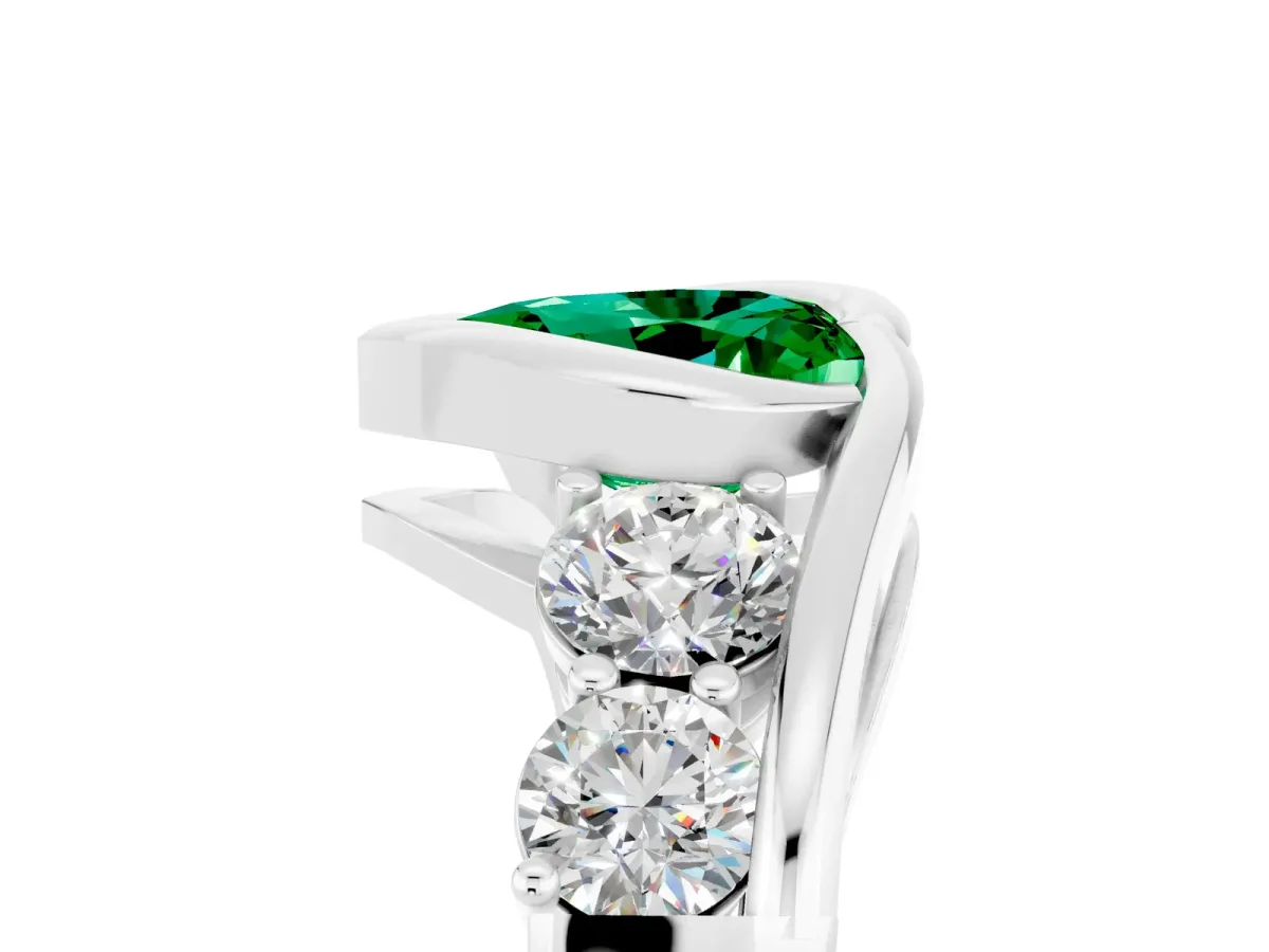 Bezel Set Heart Cut Emerald Bypass Ring with Round Accents Platinum