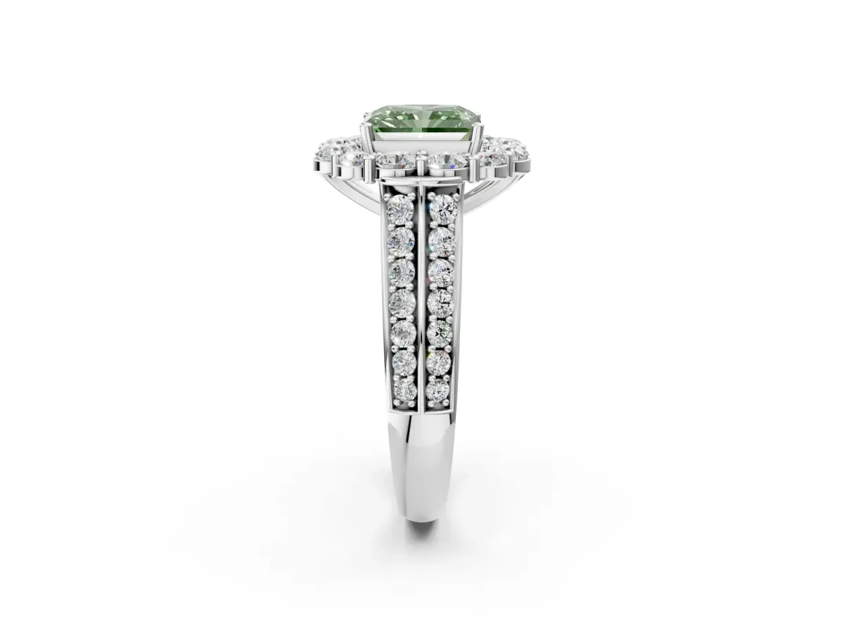 Fancy Green Radiant Cut Halo Diamond Engagement Ring with Split Shank and Prong Setting Platinum
