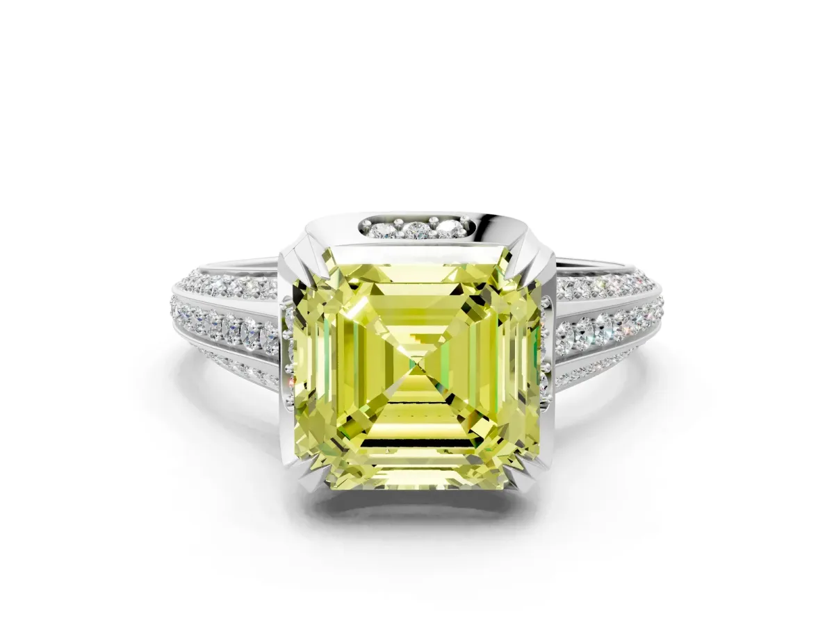 Fancy Yellow Asscher Cut Solitaire Pave Split Shank Ring with Four-Prong Setting Platinum