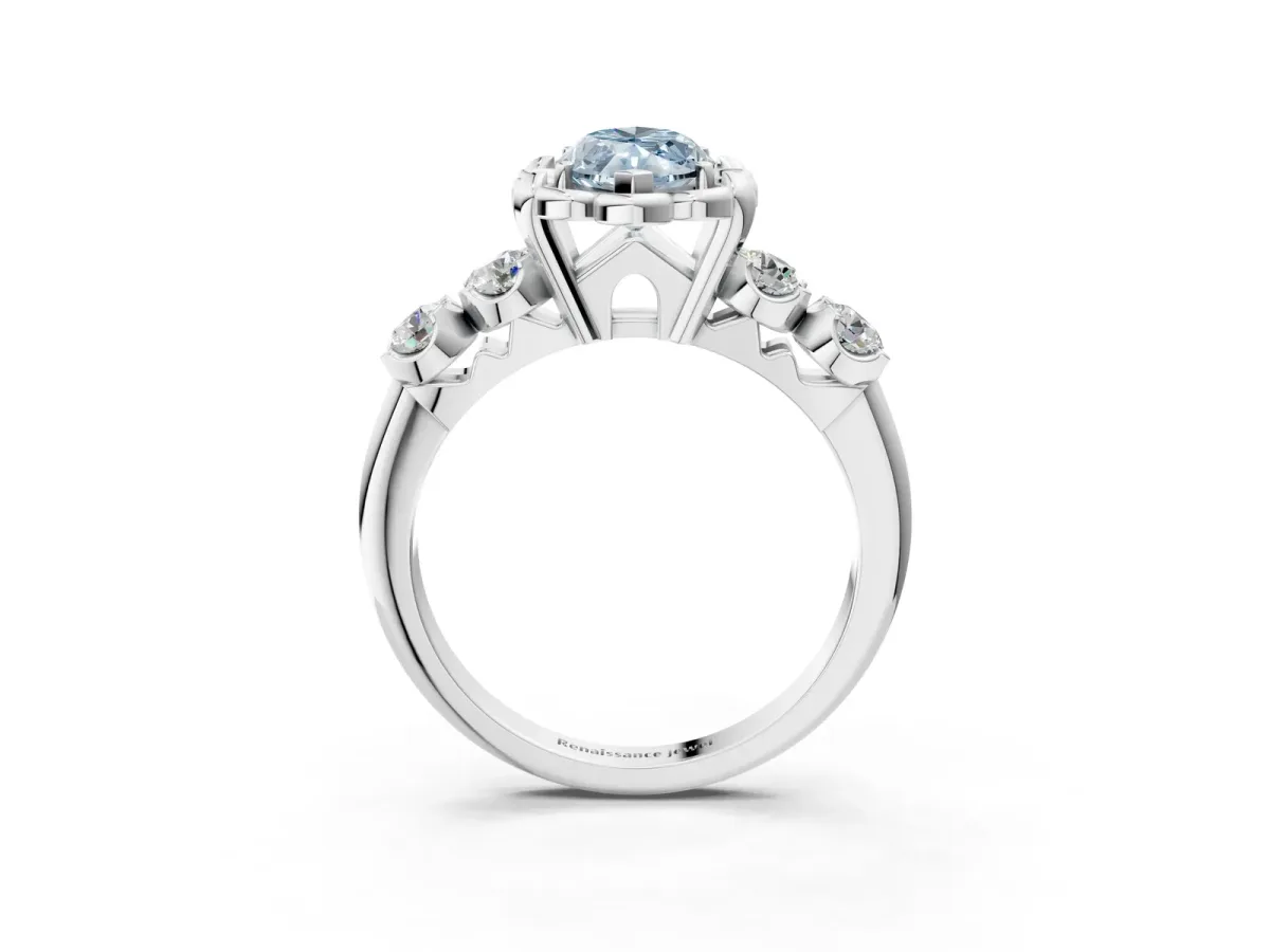 Fancy Blue Marquise Cut Cut Diamond Floral Halo Engagement Ring with Shared Prong Setting Silver